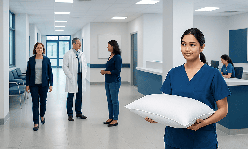 Healthcare professional holding a pillow in a hospital corridor.