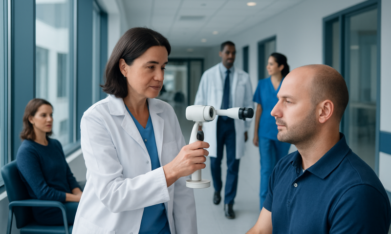 Ophthalmologist examines patient's eye with specialized equipment in hospital corridor.