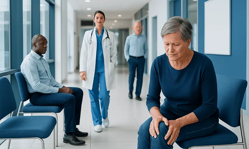 Patient experiencing knee pain in a hospital corridor with medical staff nearby.