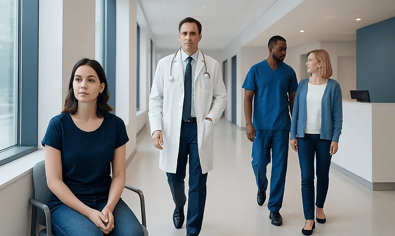 Medical professionals and patient in hospital corridor at Acibadem Hospitals Group.