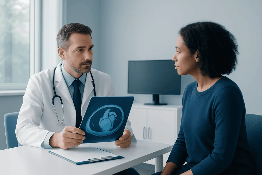 Doctor explaining cardiac scan results to a patient in a consultation room.