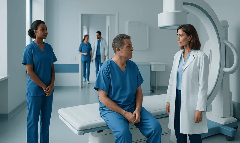 Patient and medical staff in a hospital imaging room preparing for a cystogram.