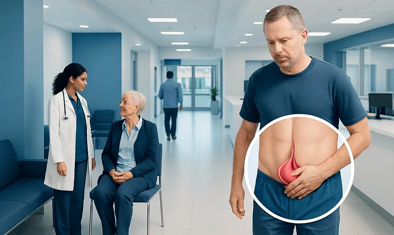 Doctor consulting with elderly patient about inguinal hernia treatment.