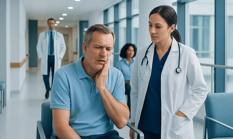 Patient experiencing jaw pain in hospital corridor with medical staff nearby.