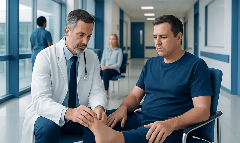 Doctor examining patient's foot in a hospital corridor.