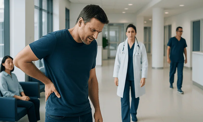 Man with back pain in hospital corridor with medical staff nearby.