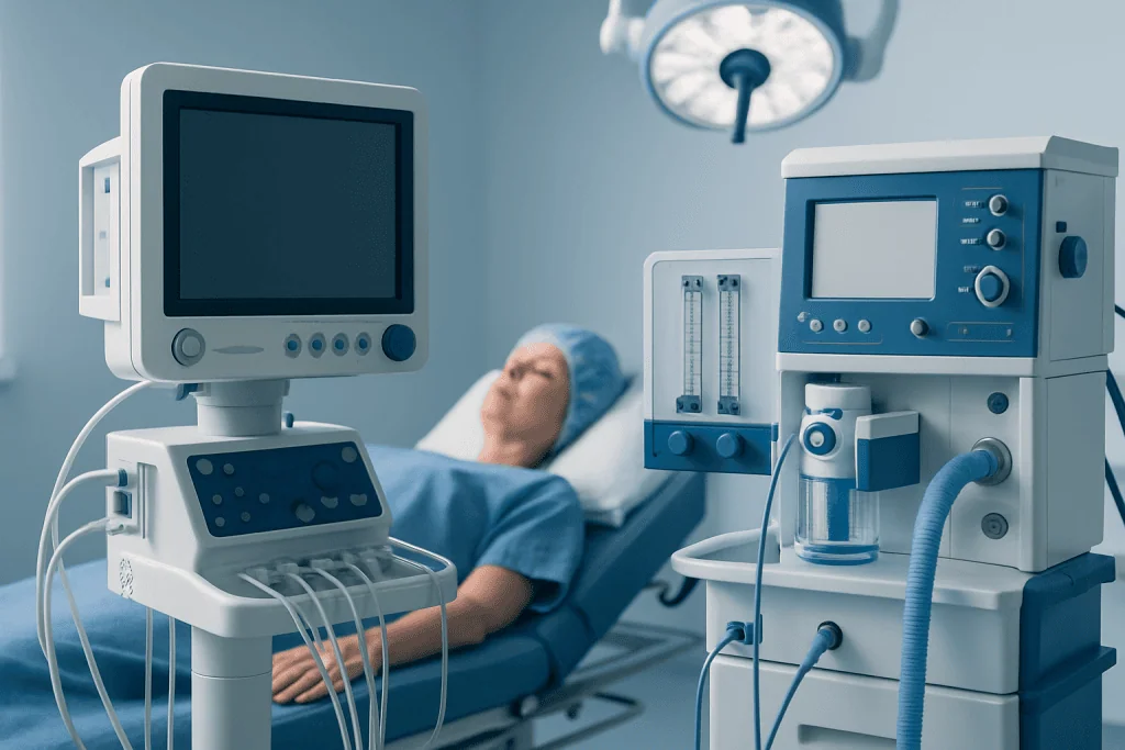 Medical patient in hospital room with advanced monitoring equipment.