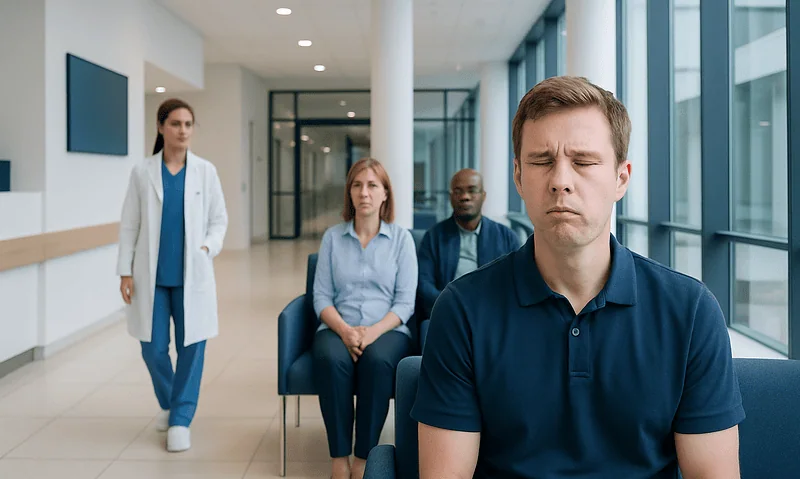Patient experiencing facial tic in a hospital waiting area.