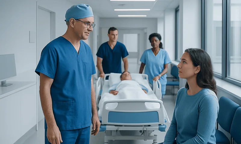 Medical team consulting patient in hospital corridor with bed in background.