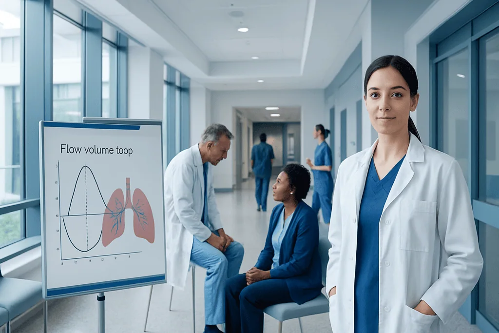 Flow Volume Loop: An Evidence-Based Guide for Patients 1 Medical professionals discussing flow volume loop in hospital corridor.