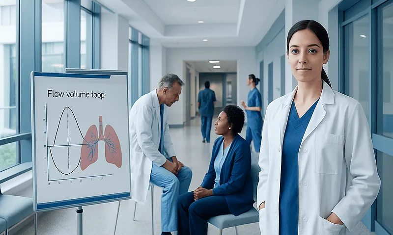Medical professionals discussing flow volume loop in hospital corridor.