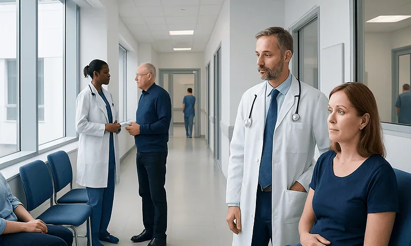 Health Library 4 Medical team consulting patients in hospital corridor.