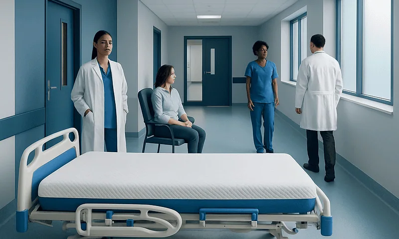 Medical team discussing patient care in hospital corridor.