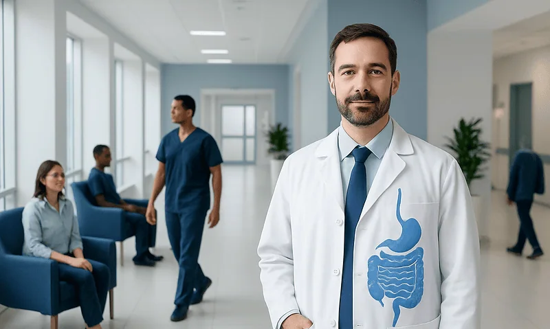 Doctor in white coat with stomach illustration in hospital corridor.