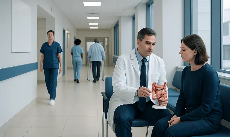 Doctor explaining gastrointestinal surgery to a patient in hospital corridor.