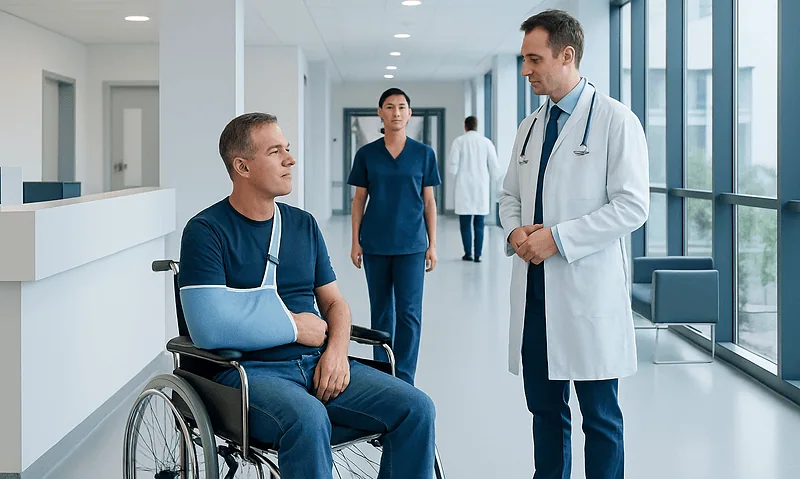 Patient in wheelchair consulting with doctor in hospital corridor.