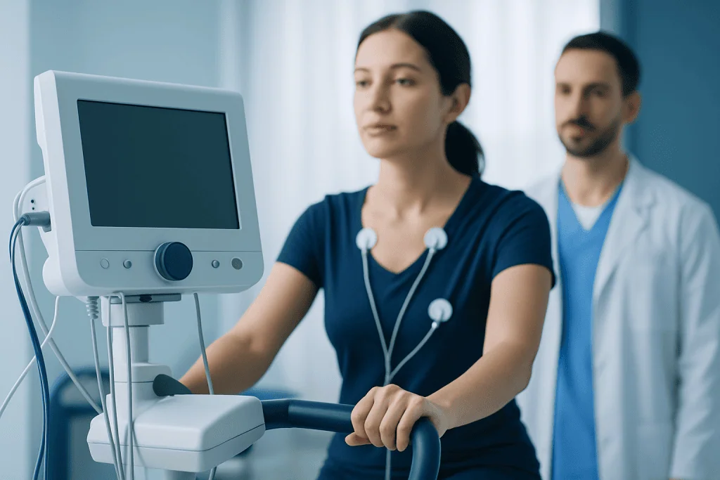 Patient undergoing heart rate recovery test with medical staff present.