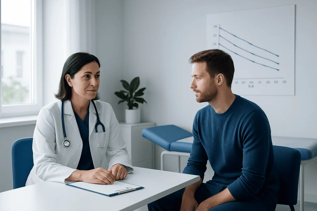 Doctor consulting with patient in a medical office setting.
