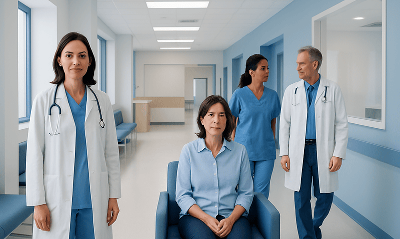 Medical team in hospital corridor with patient in waiting area.