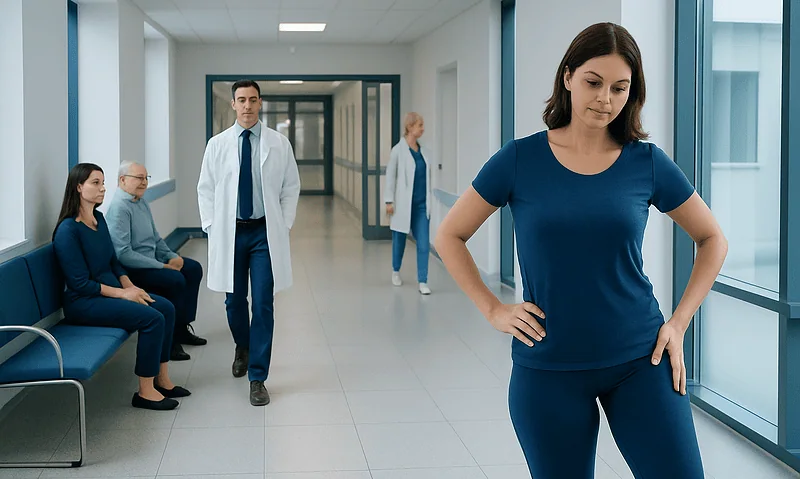 Young woman waiting in hospital corridor with medical staff nearby.