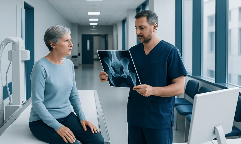 Doctor explaining hip X-ray to elderly patient in hospital corridor.