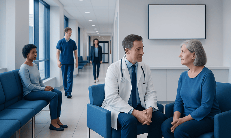 Doctor consulting with an elderly patient in a hospital corridor.