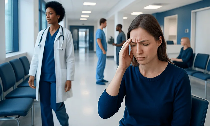 Woman with headache in hospital waiting area with medical staff nearby.
