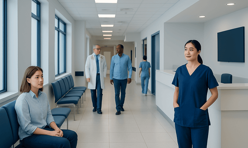 Hydrosol — Explained by Medical Evidence, Not Myths 5 Healthcare professionals in a hospital corridor with seating area and large windows.