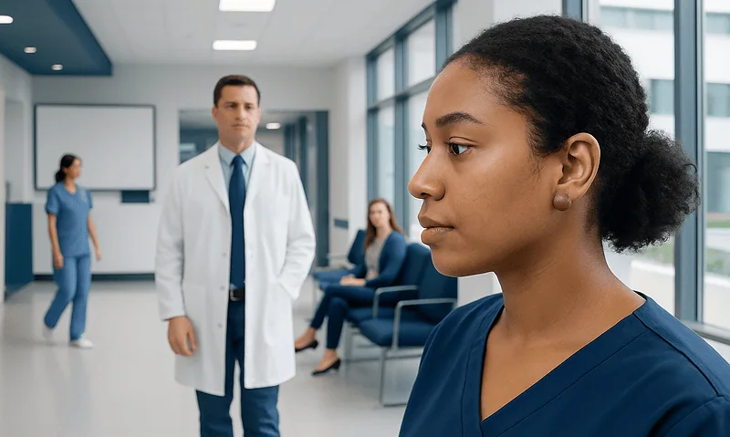 Medical professionals in a hospital corridor discussing patient care.