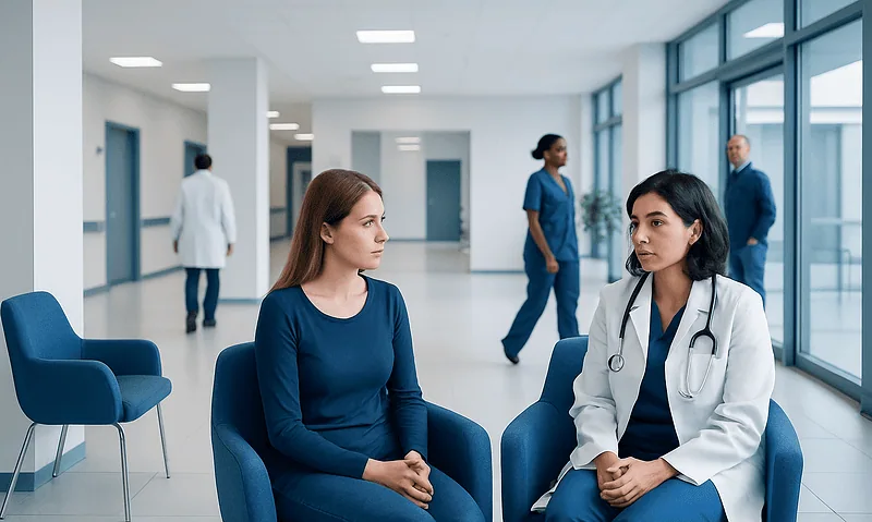 Patient consulting with doctor in modern hospital corridor.