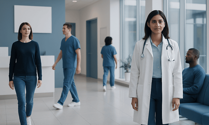 Medical professionals and patients in a modern hospital corridor.