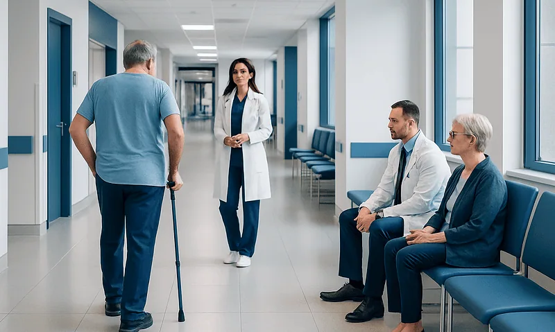 Elderly patient with cane talking to doctors in hospital corridor.