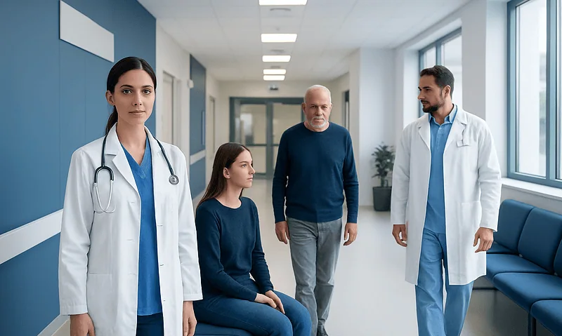 Medical consultation in hospital corridor with doctors and patient.