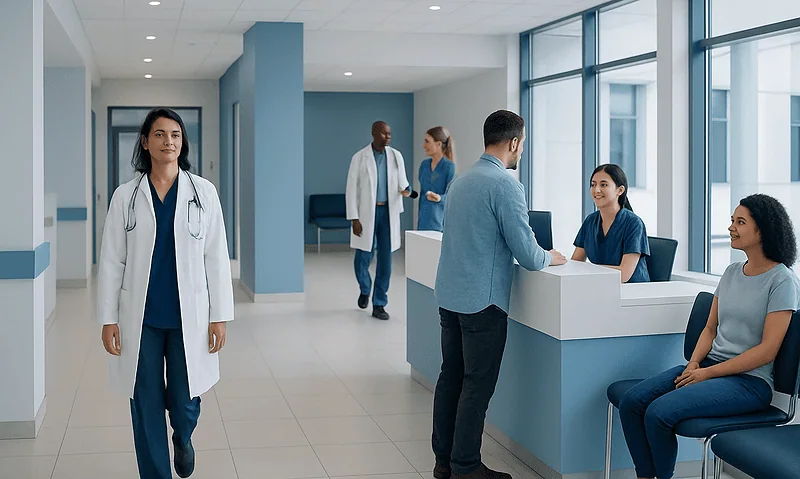 Modern hospital reception area with medical staff and patients.