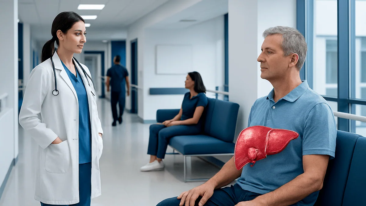 Doctor consulting a patient with a liver illustration in a hospital corridor.