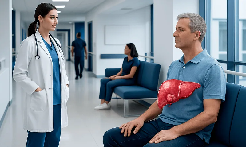 Doctor consulting a patient with a liver illustration in a hospital corridor.