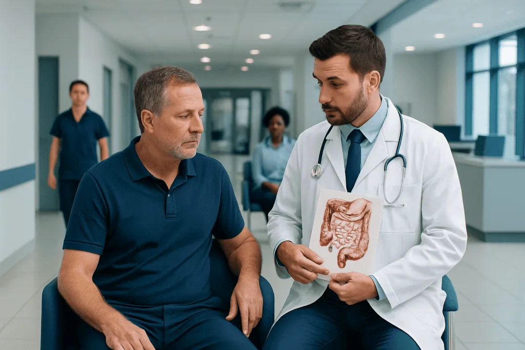 Loop Colostomy: An Evidence-Based Guide for Patients 1 Doctor explaining colon anatomy to patient in hospital setting.