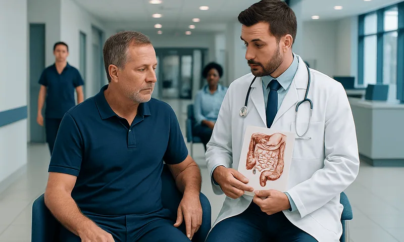 Doctor explaining colon anatomy to patient in hospital setting.