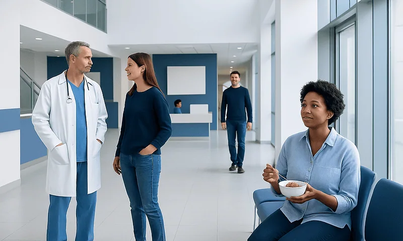 Medical consultation in a modern hospital lobby with diverse staff and patients.