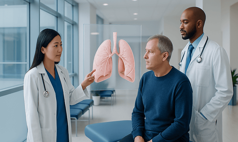 Doctors discussing lung health with a 3D lung model in hospital.