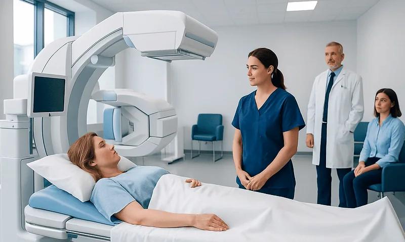 Patient undergoing lymphoscintigraphy procedure at Acibadem Hospital.