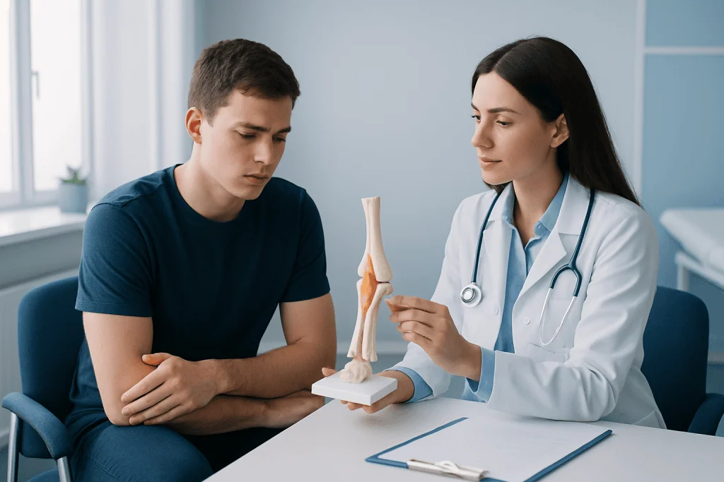 Doctor explaining medial epicondyle fracture to young patient with knee model.