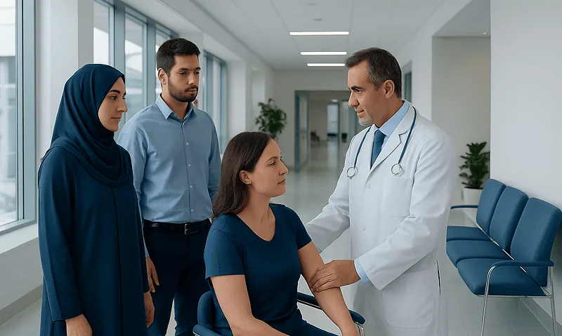 Doctor consulting with diverse patients in hospital corridor.
