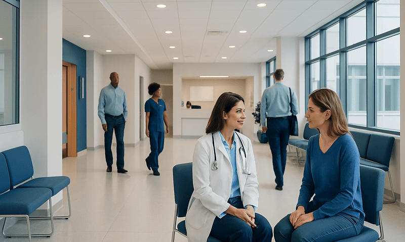 Healthcare professionals and patients in a modern hospital corridor.