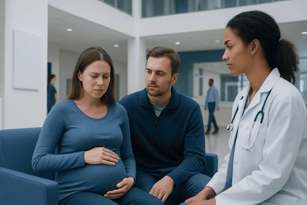 What Is a Missed Miscarriage? Causes, Explanations, and Next Steps 1 Pregnant woman with partner consulting doctor in hospital.