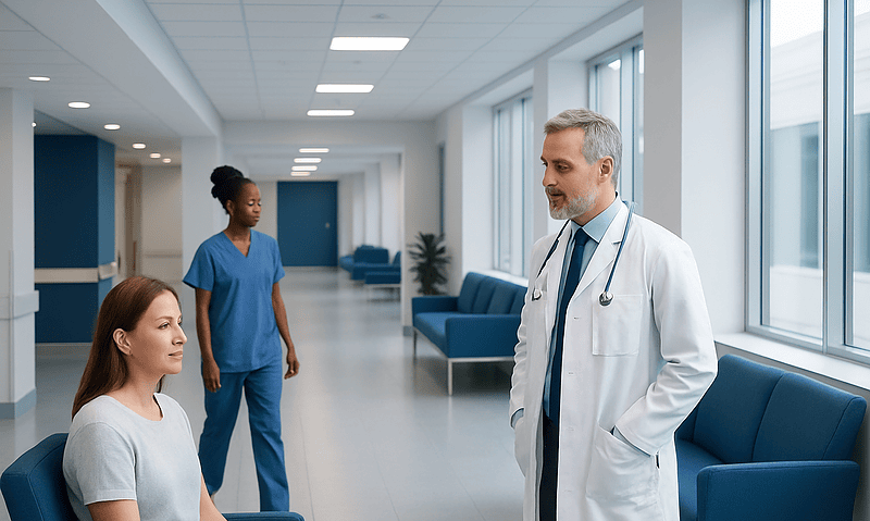 Health Library 8 Doctor consulting a patient in a modern hospital corridor.