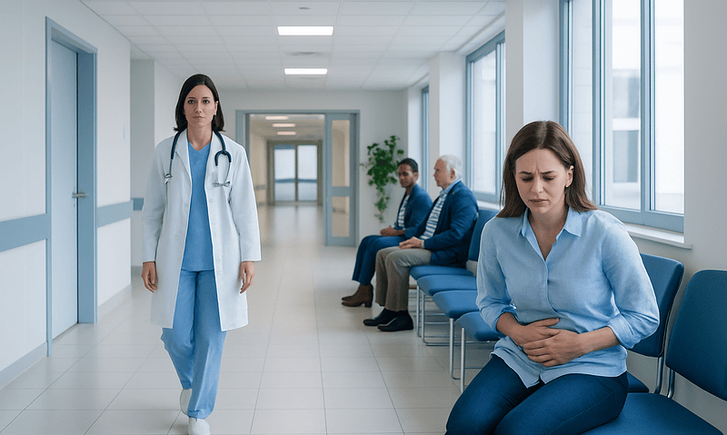 Doctor walking past patients in hospital corridor.