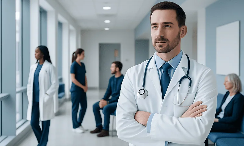 Medical team in a hospital corridor with a doctor in the foreground.