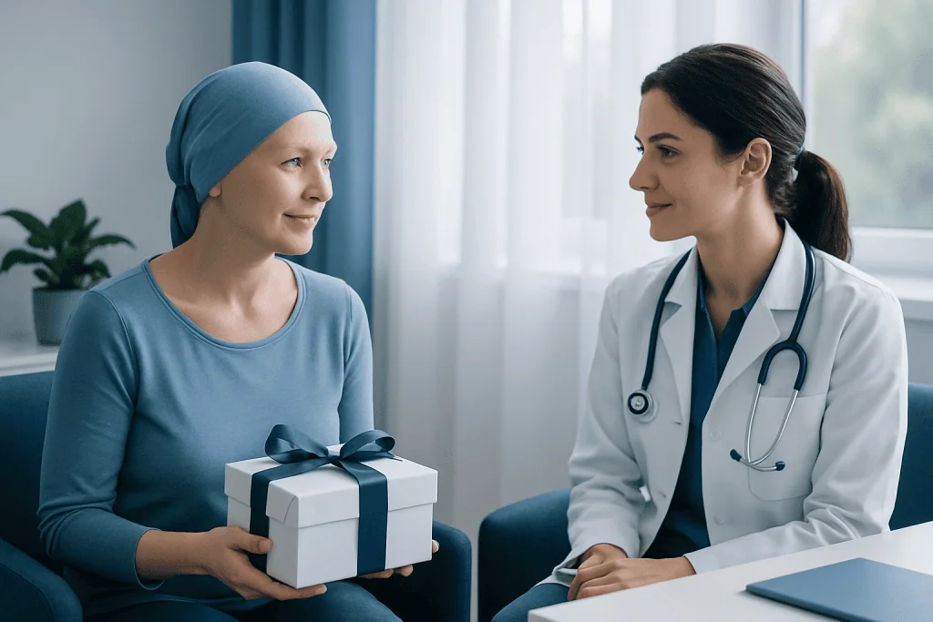Patient in chemo treatment receiving support from doctor at Acibadem Hospital.