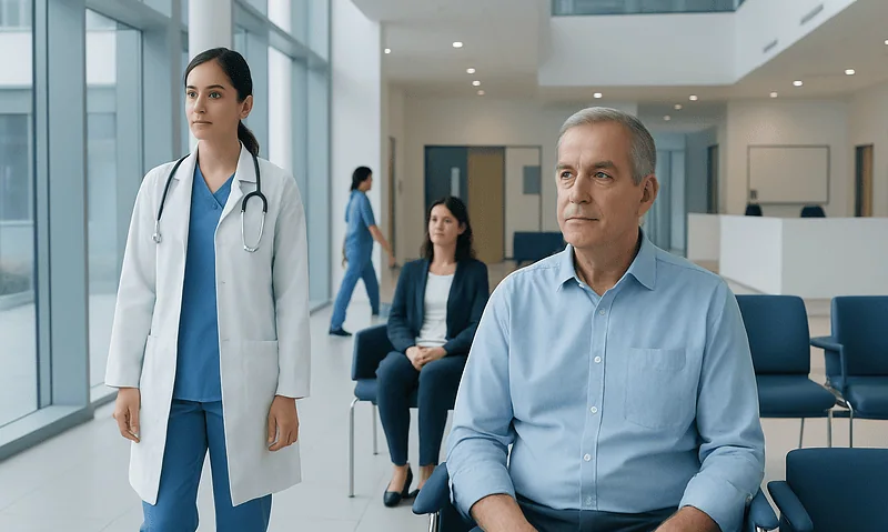 Doctor and patients in a hospital waiting area at Acibadem Hospitals Group.